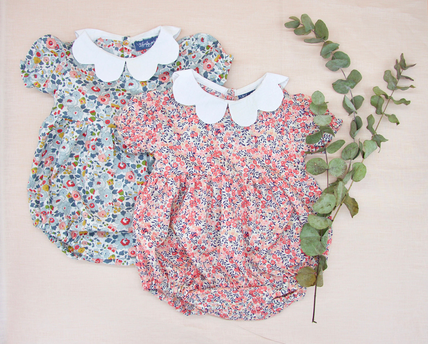 Liberty London baby m and m bubble romper organic cotton, floral animal print, wedding baptism christening outfits first birthday long short sleeves sleeveless, eastern thanksgiving halloween Christmas new born ruffle Peter Pan scalloped petal collar