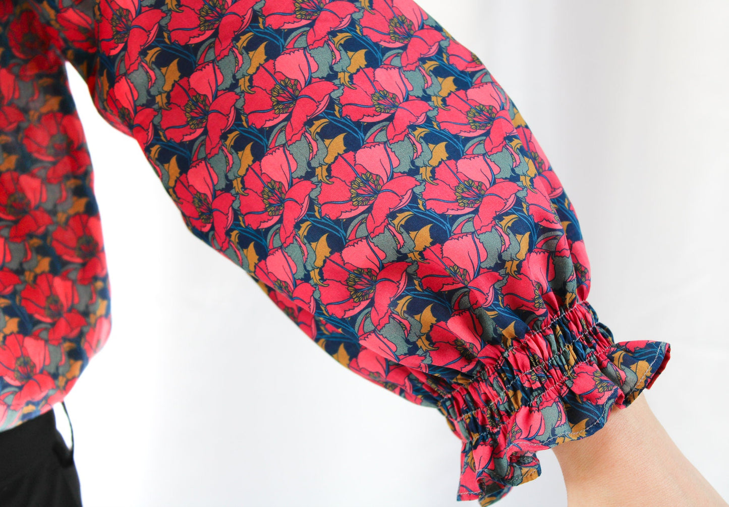 SAMPLE SALE Liberty London women blouse long puffy ruffle sleeves and pussy bow tie floral print cotton silky tana lawn