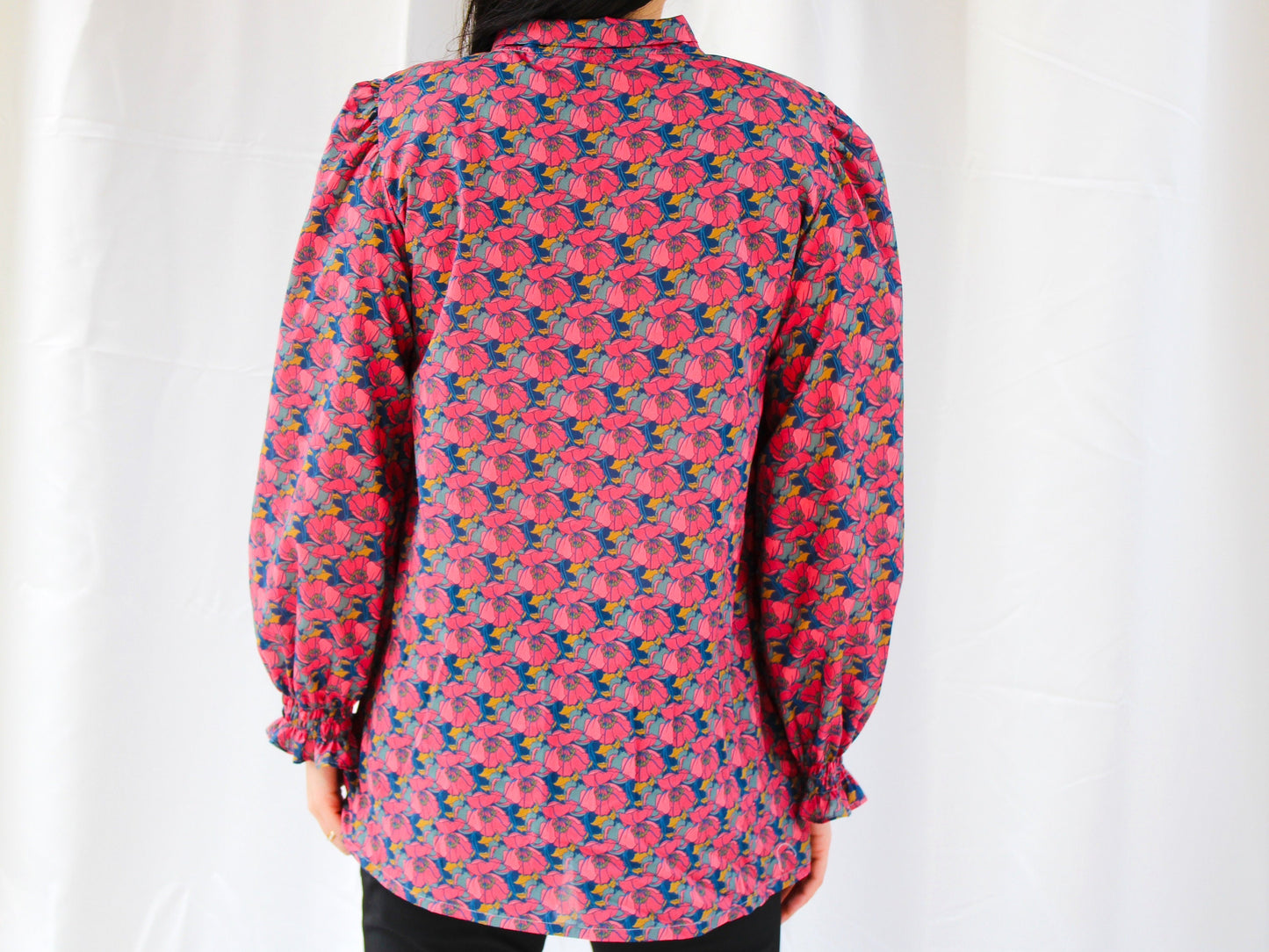 SAMPLE SALE Liberty London women blouse long puffy ruffle sleeves and pussy bow tie floral print cotton silky tana lawn
