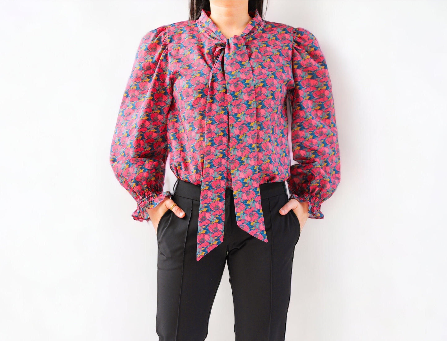 SAMPLE SALE Liberty London women blouse long puffy ruffle sleeves and pussy bow tie floral print cotton silky tana lawn