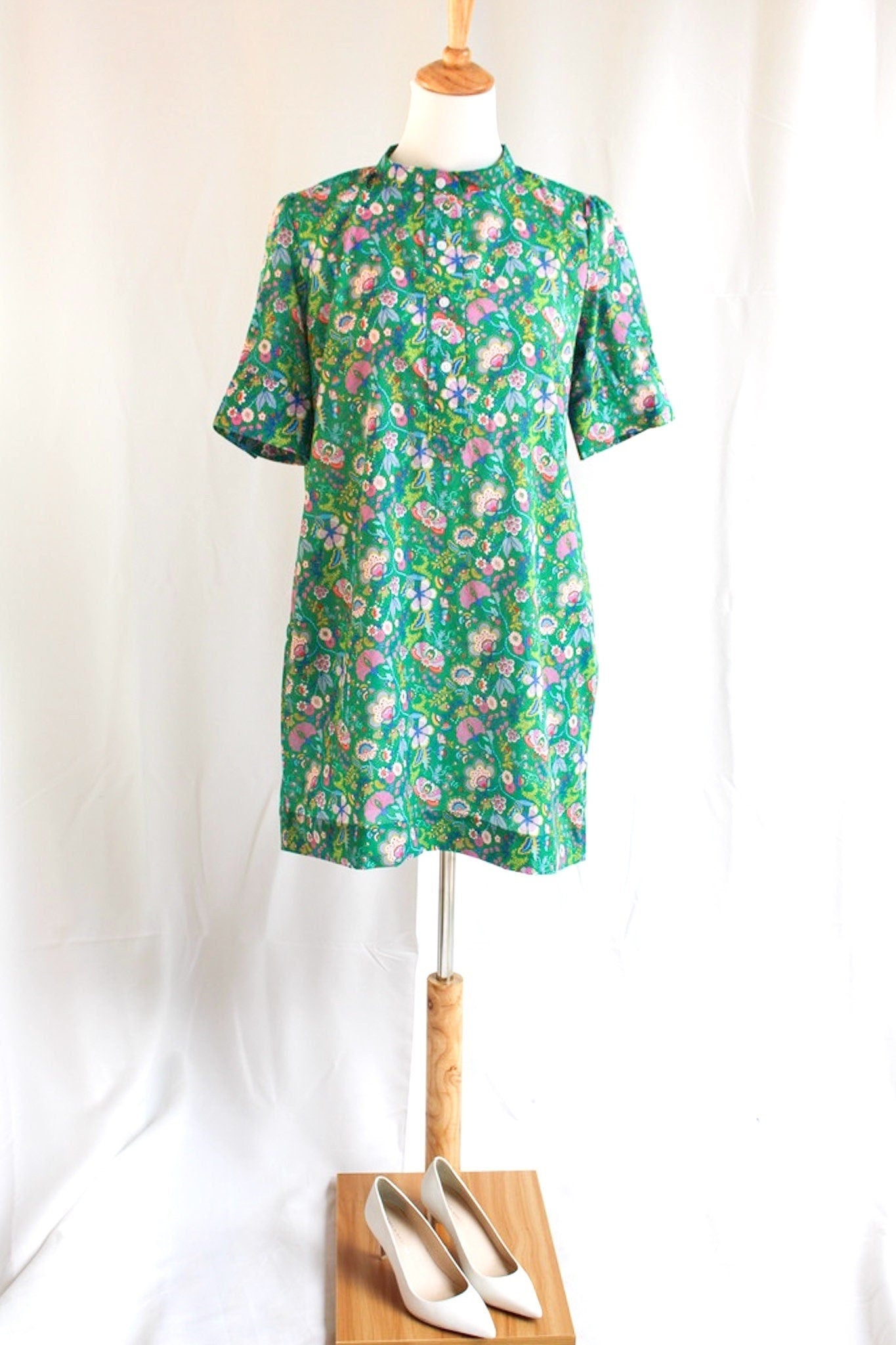 Liberty of London Shift Dress With Short Sleeves and Mandarin Collar