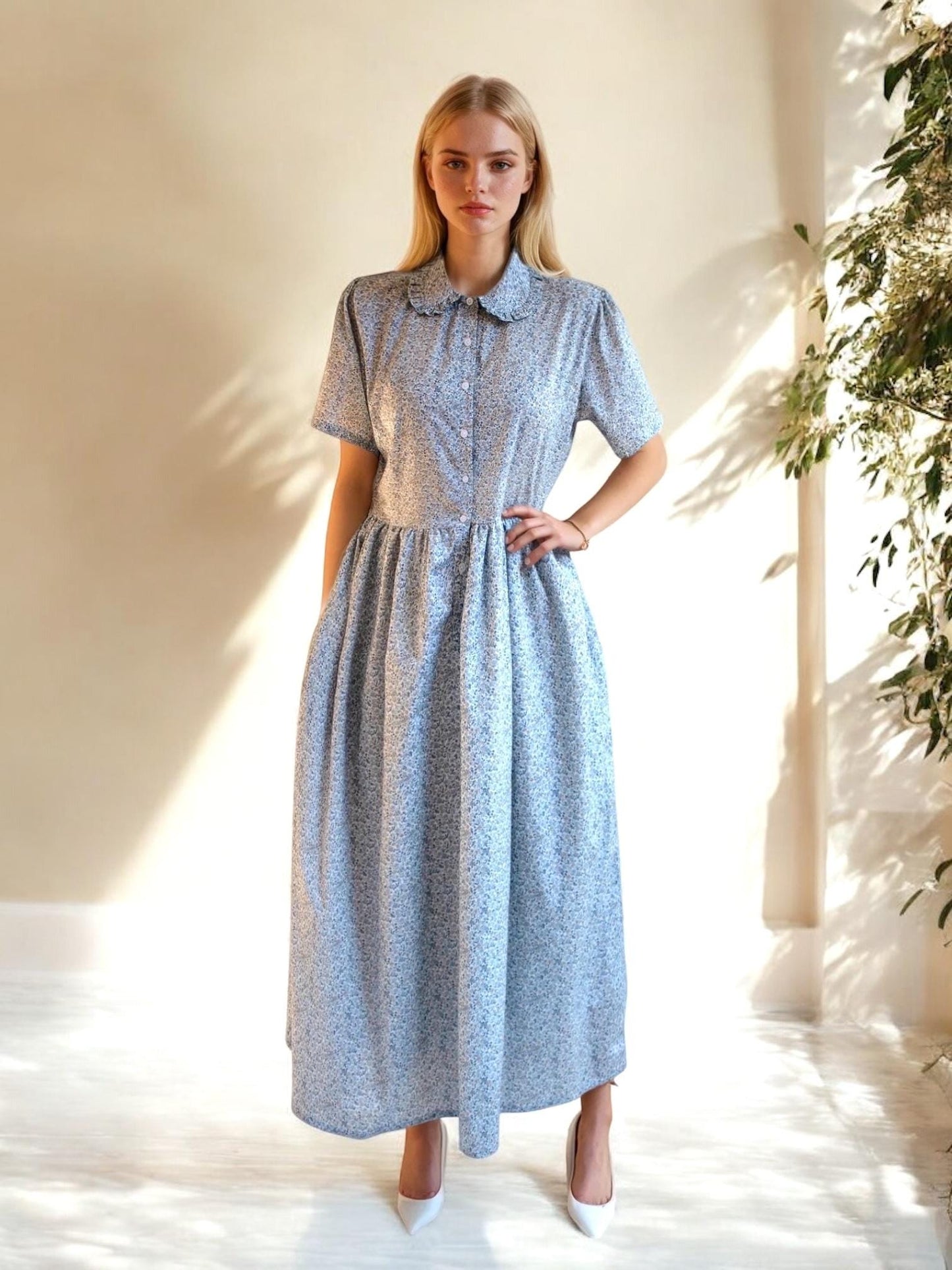 Liberty Shirt Dress, Peter Pan Collar, Short Sleeve Dress, Button Through Dress, Liberty of London, Ditsy Floral Print, Maxi Floral Dress