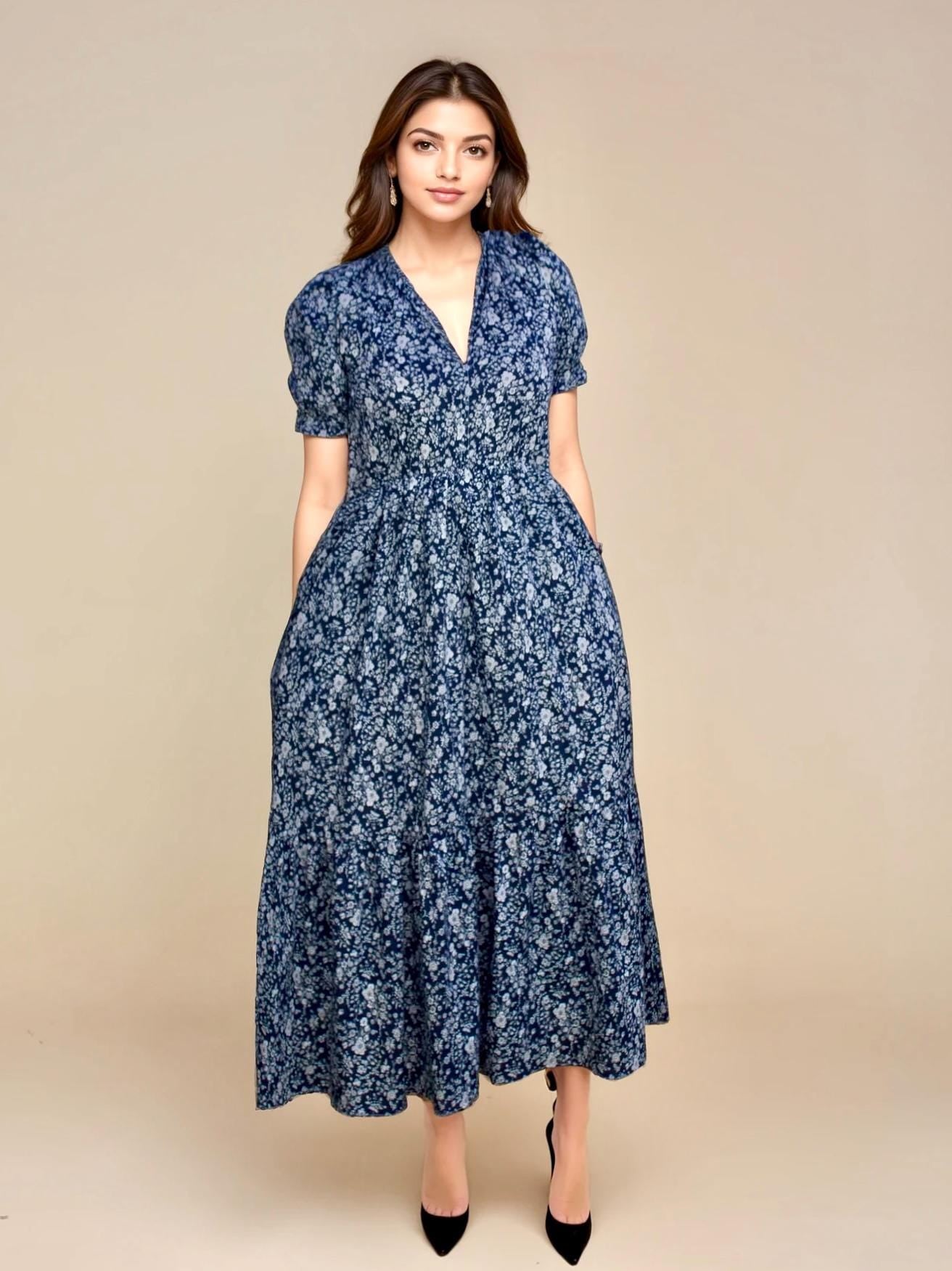 V Neck Dress, Liberty of London Dress, Short Sleeve Dress, Floral Print Dress, Liberty Print Fabric, Liberty Clothing, Liberty Smock Dress