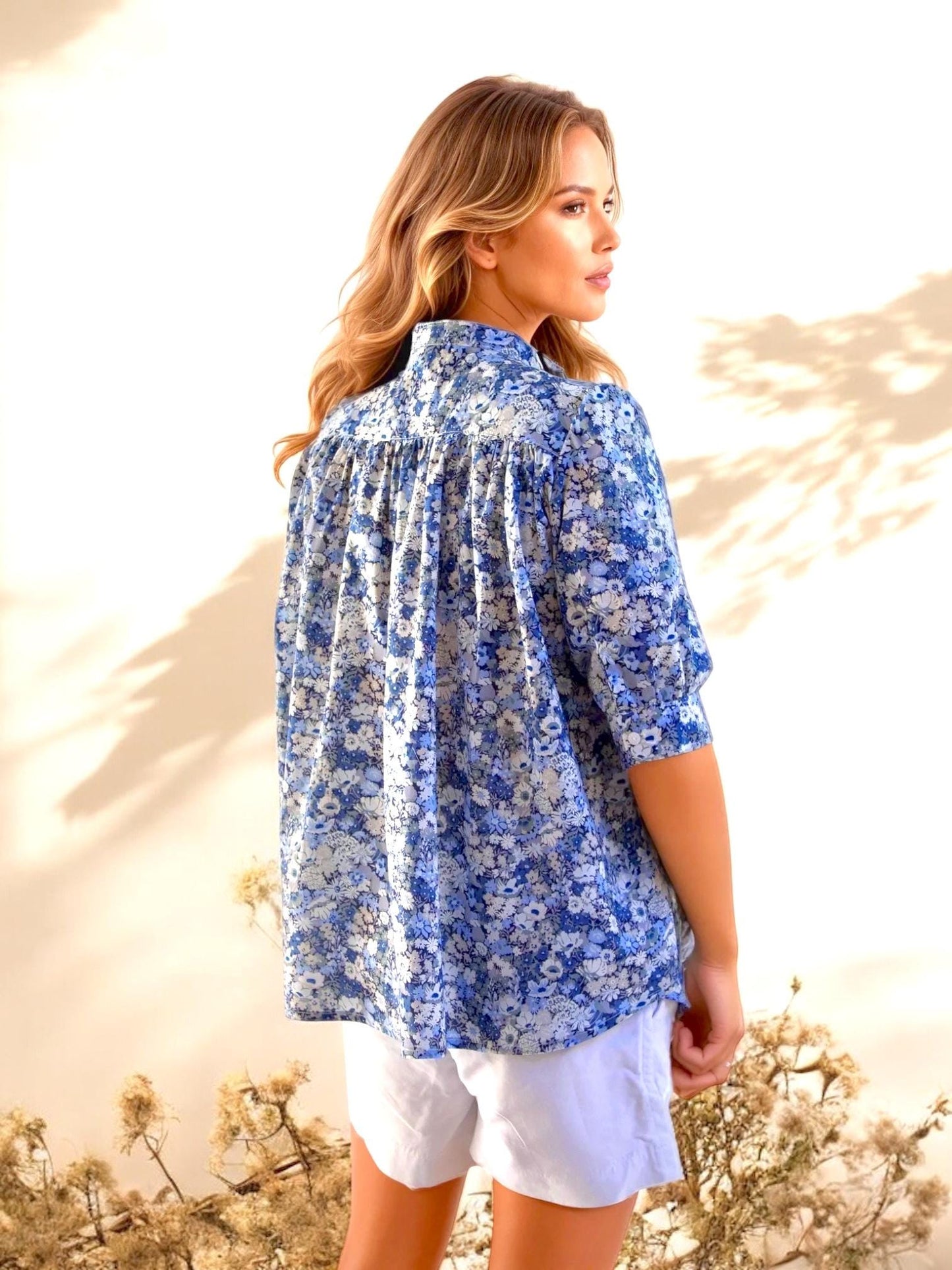 Mandarin Collar Blouse, Liberty Print Blouse, Liberty of London, Floral Print Shirt, Button Through Blouse, Half sleeve Shirt, Gather Blouse