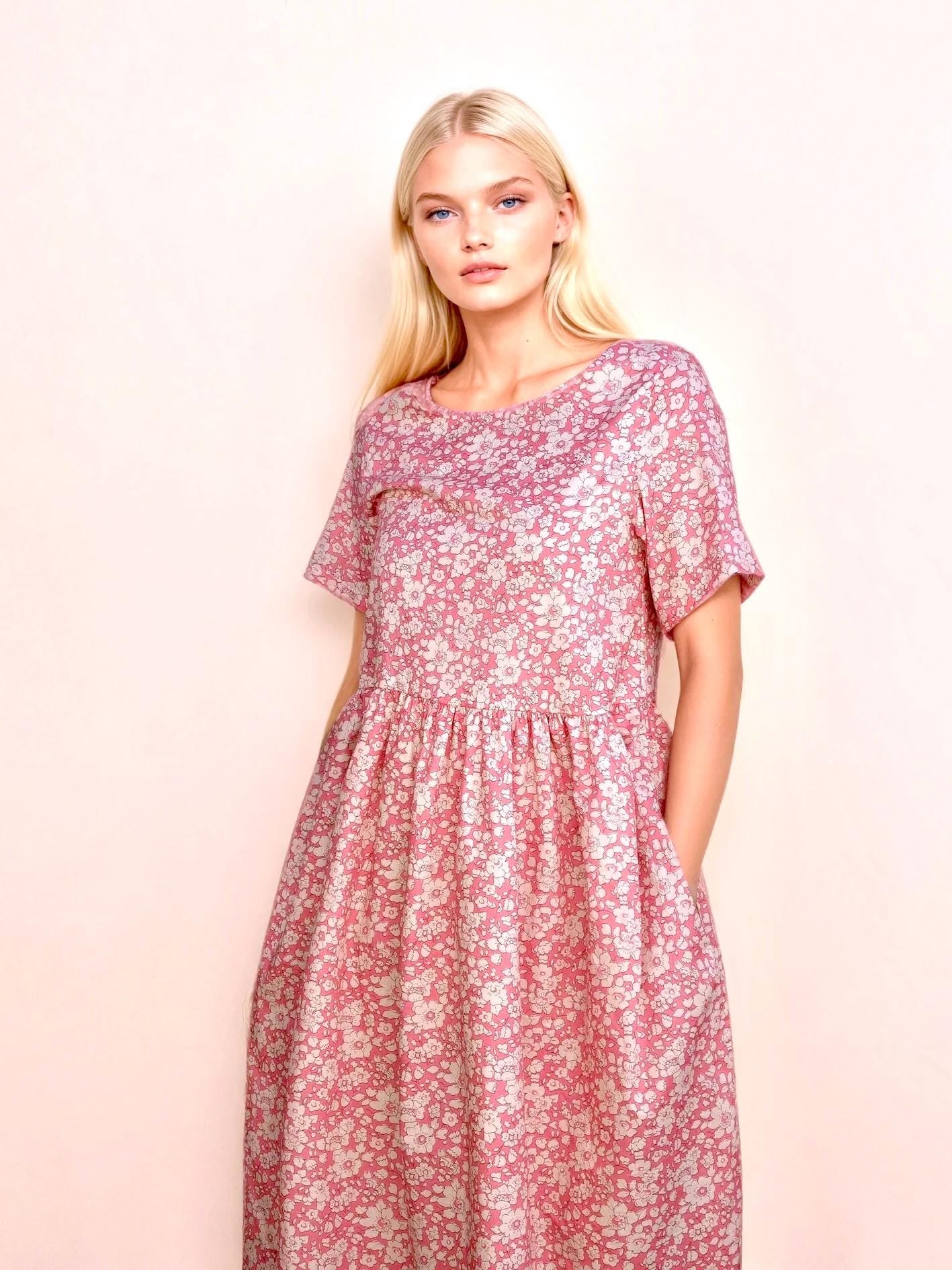Liberty Woman Dress, Liberty Print Dress, Short Sleeve Dress, Scoop Neck Dress, Floral Midi Dress, Ditsy Flower Dress, Liberty of London