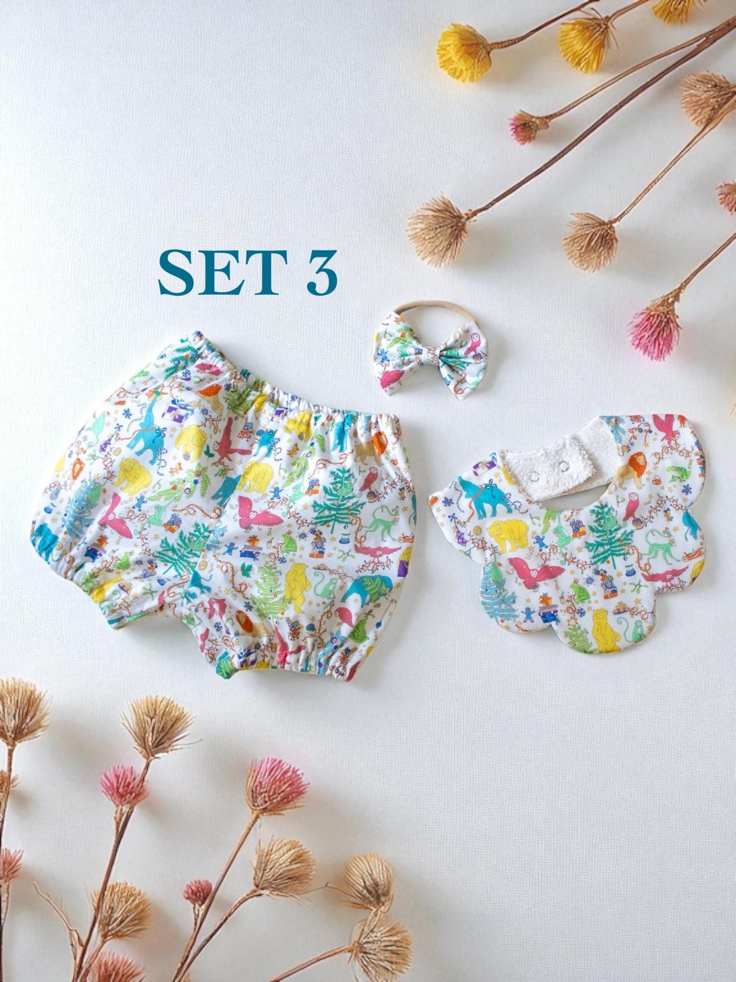 SET 3 Liberty of London Baby Bloomer Scalloped Bib Hair Bow