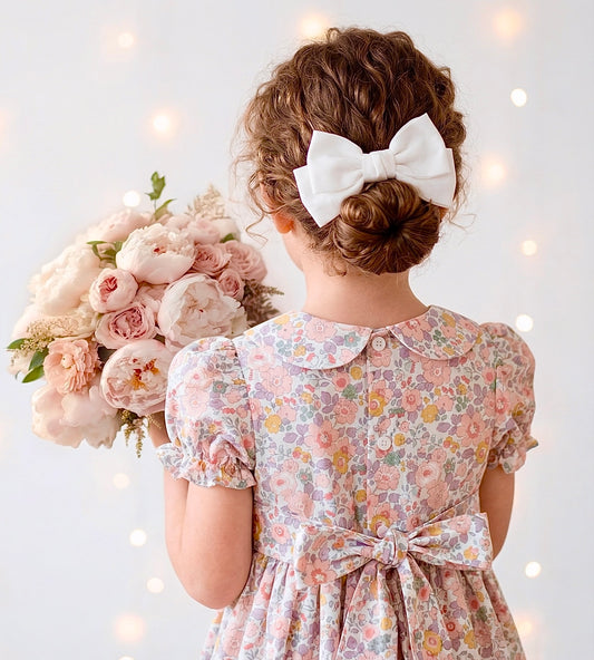 Liberty London Wedding Flower Girl Dress, Peter-Pan Collared Short-Sleeved Handmade Heirloom Gown, Sustainable Clothing