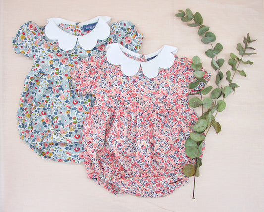 Liberty London baby m and m bubble romper organic cotton, floral animal print, wedding baptism christening outfits first birthday long short sleeves sleeveless, eastern thanksgiving halloween Christmas new born ruffle Peter Pan scalloped petal collar