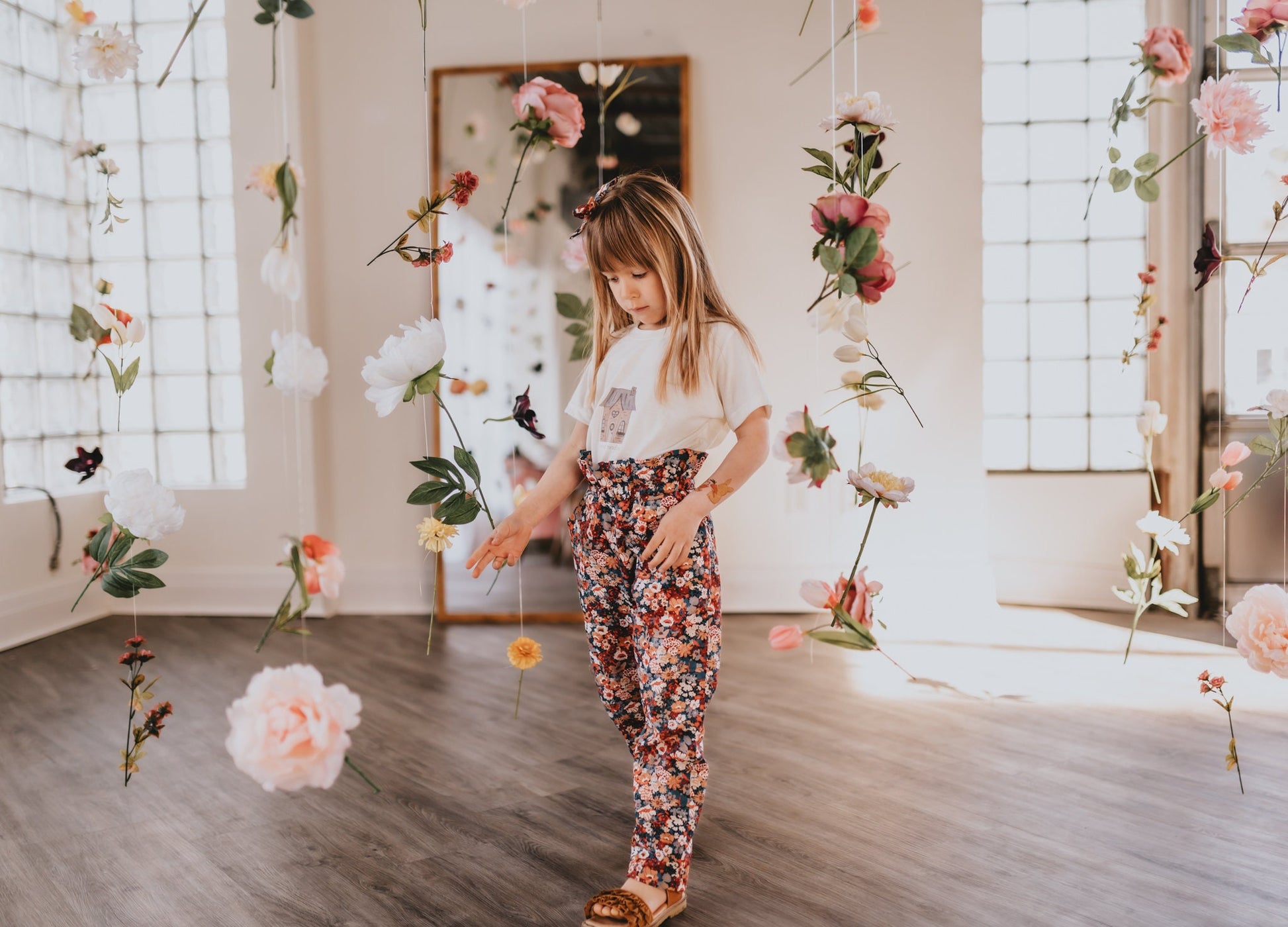 Ruffle Waist Cotton Kid Pants - Liberty of London Floral Print trousers - Children Pants with Pockets - Baby Girl Cotton Tana Lawn Pants