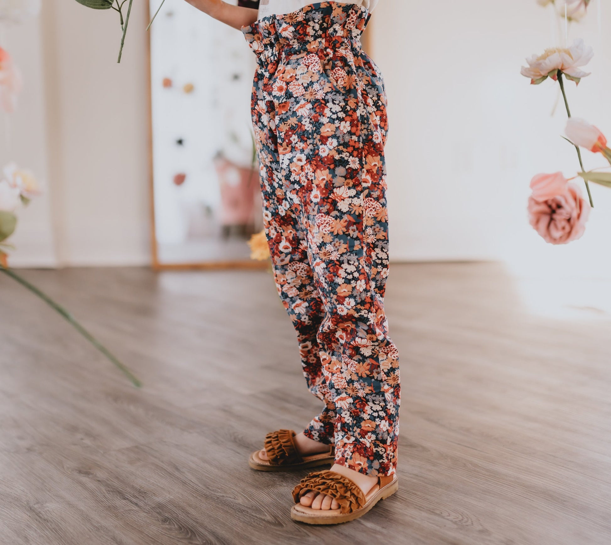 Ruffle Waist Cotton Kid Pants - Liberty of London Floral Print trousers - Children Pants with Pockets - Baby Girl Cotton Tana Lawn Pants
