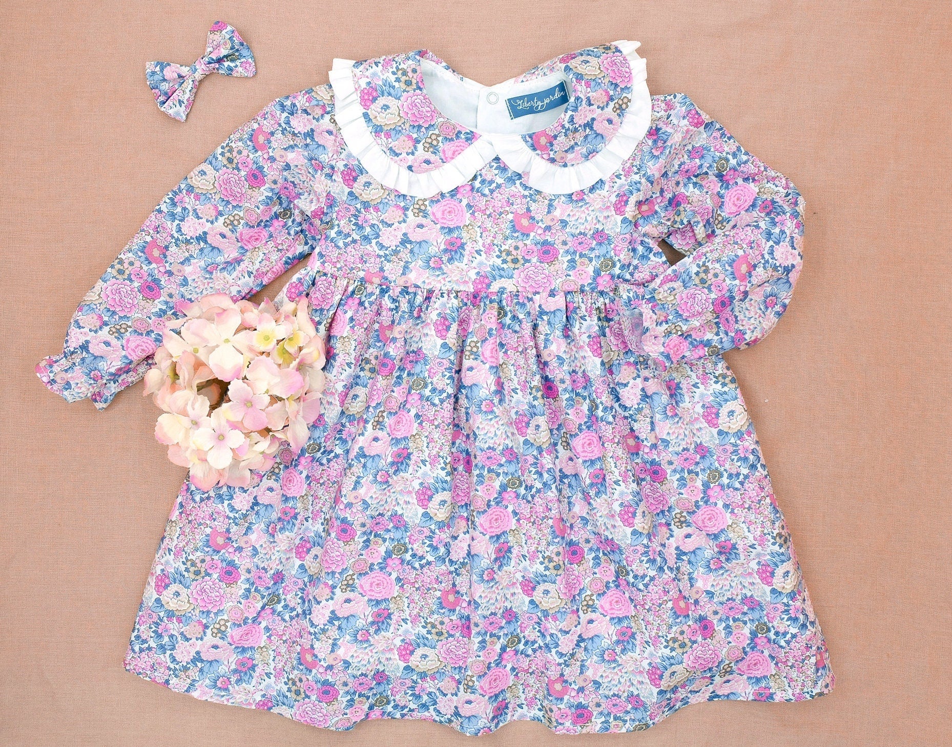Liberty of London little girl dress organic cotton, floral animal print wedding baptism christening baby outfits first birthday long sleeves short sleeves, eastern thanksgiving halloween Christmas gift new born ruffle Peter Pan scalloped petal collar