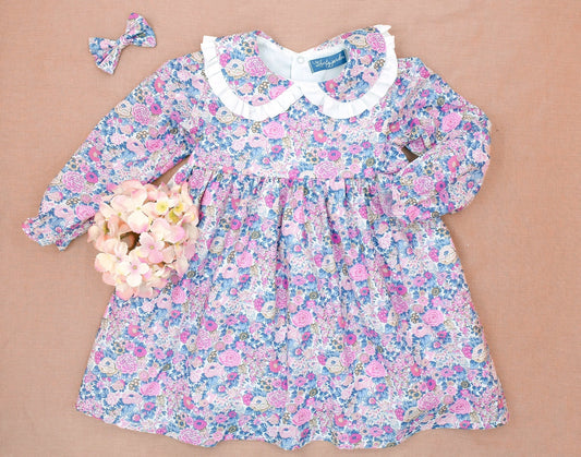 Liberty of London little girl dress organic cotton, floral animal print wedding baptism christening baby outfits first birthday long sleeves short sleeves, eastern thanksgiving halloween Christmas gift new born ruffle Peter Pan scalloped petal collar