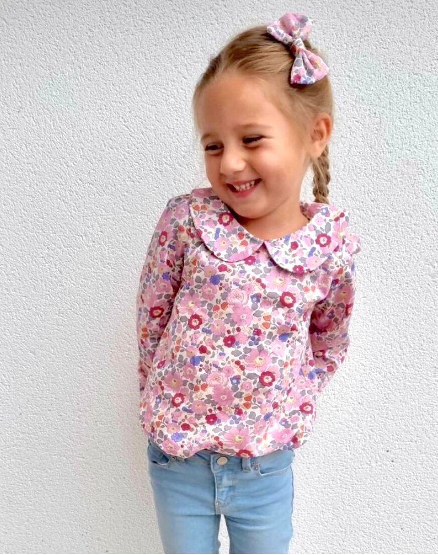 Peter Pan Collar Little Girl Blouse - Liberty Of London Floral Print Fabric - Long Sleeves Girl Blouse - Botanical Ditsy Flower Baby Blouse