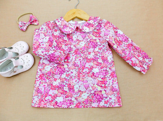Liberty of London little girl dress organic cotton, floral animal print wedding baptism christening baby outfits first birthday long sleeves short sleeves, eastern thanksgiving halloween Christmas gift new born ruffle Peter Pan scalloped petal collar
