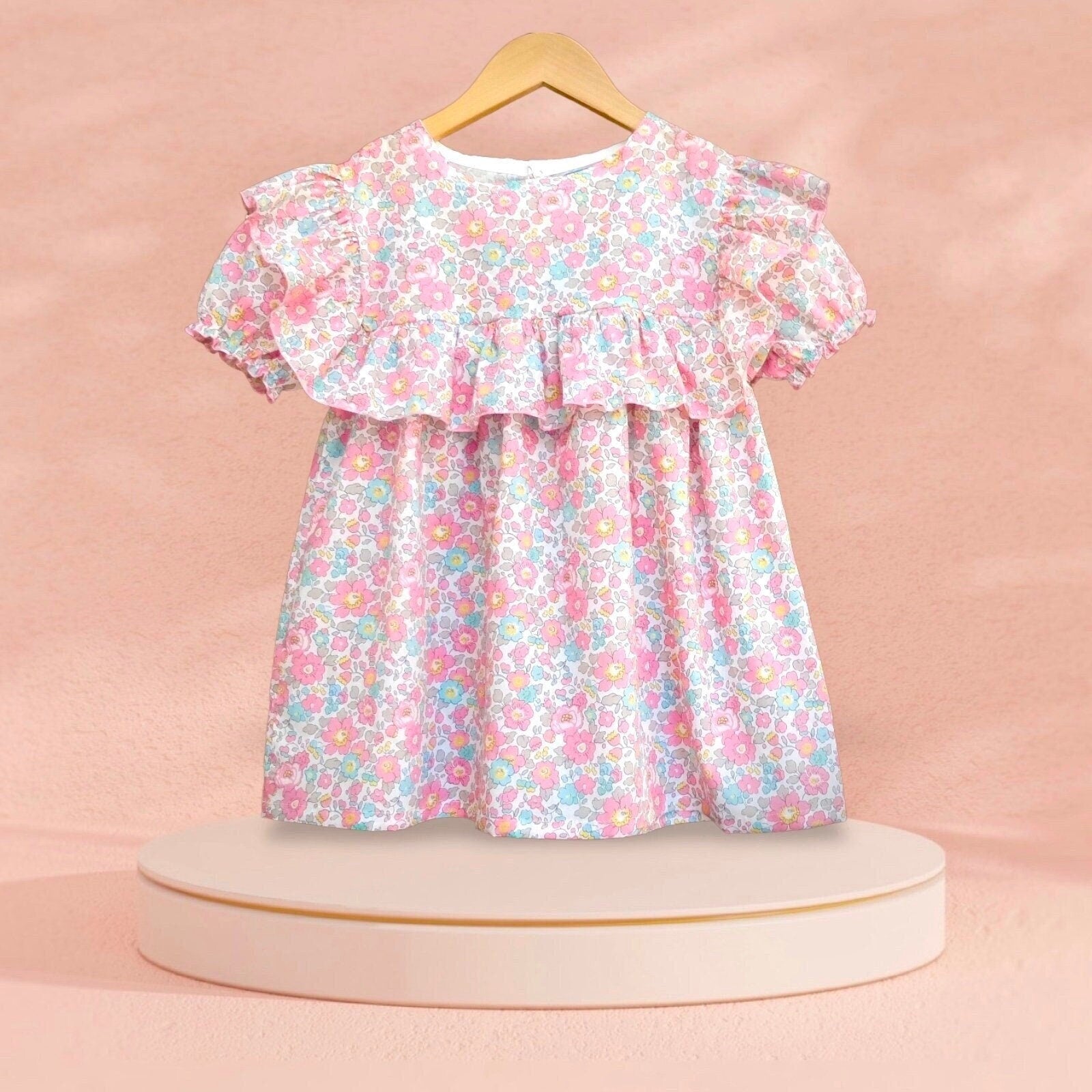 Liberty of London little girl dress organic cotton, floral animal print wedding baptism christening baby outfits first birthday long sleeves short sleeves, eastern thanksgiving halloween Christmas gift new born ruffle Peter Pan scalloped petal collar