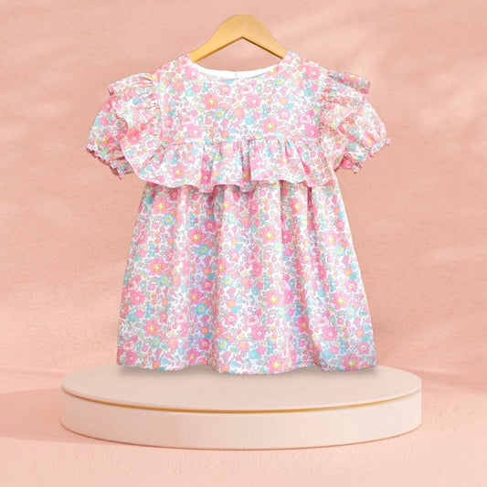 Liberty of London little girl dress organic cotton, floral animal print wedding baptism christening baby outfits first birthday long sleeves short sleeves, eastern thanksgiving halloween Christmas gift new born ruffle Peter Pan scalloped petal collar