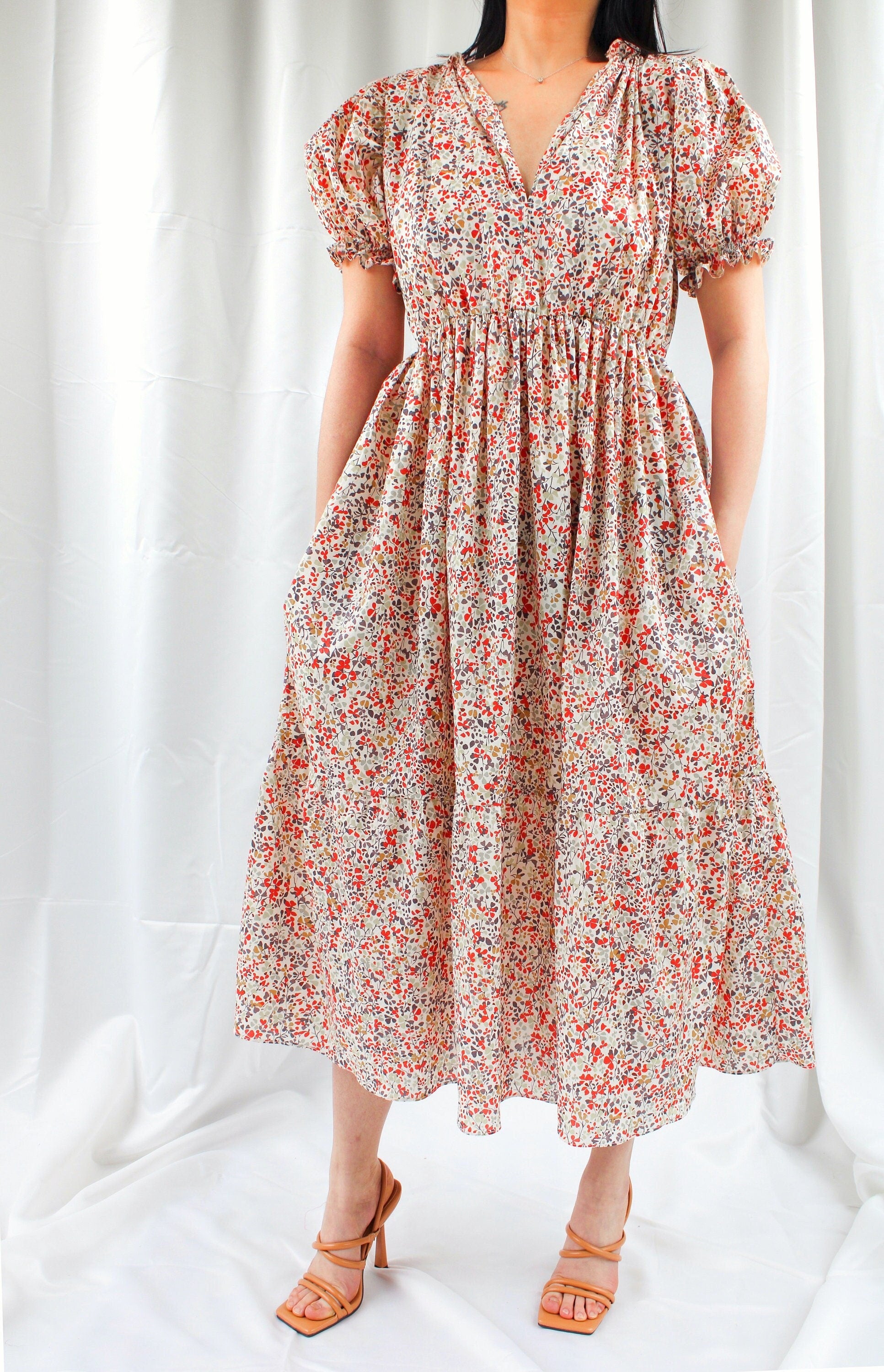 Liberty of London V-neck Dress With Short Puffy Sleeves - Ditsy Floral Print Dress