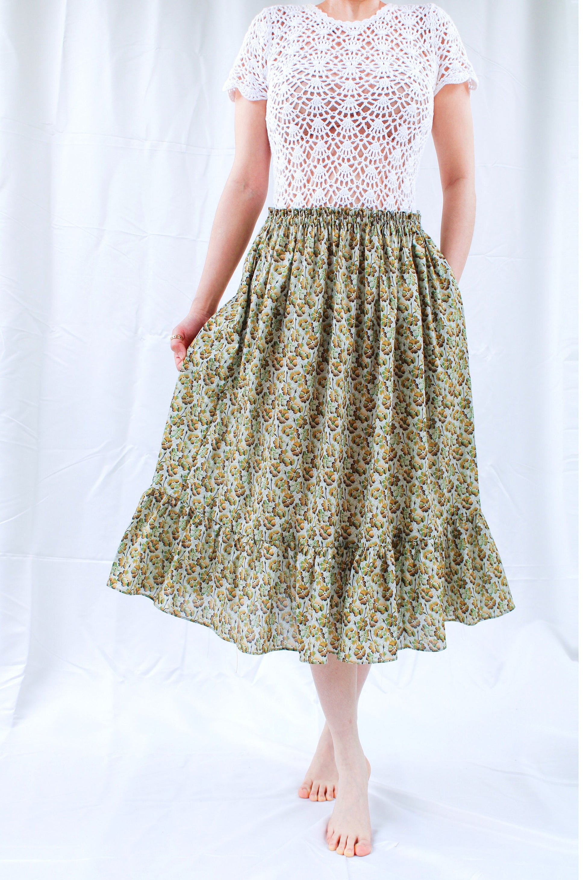 SAMPLE SALE Liberty London women midi skirt ruffle hem and elastic waist floral print cotton silky tana lawn