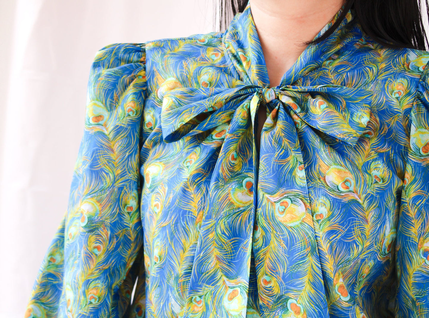 SAMPLE SALE Liberty London women blouse long puffy ruffle sleeves and pussy bow tie floral print cotton silky tana lawn