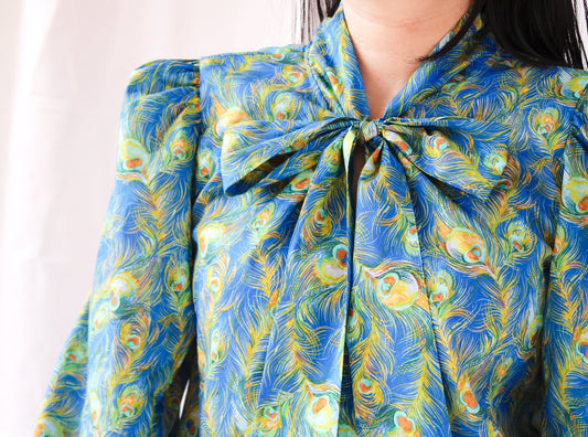 SAMPLE SALE Liberty London women blouse long puffy ruffle sleeves and pussy bow tie floral print cotton silky tana lawn