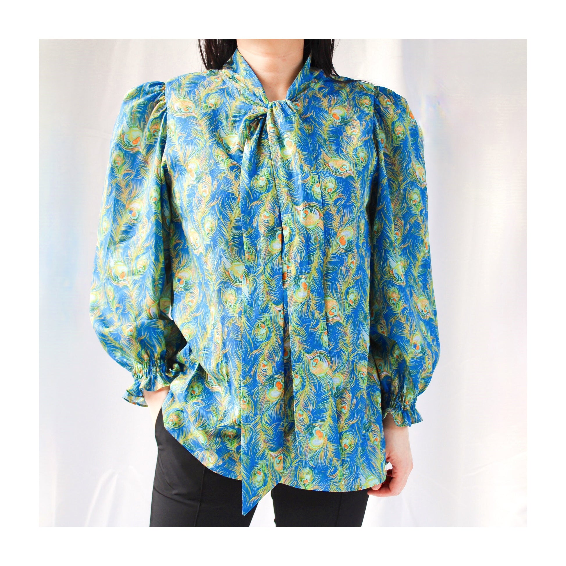 SAMPLE SALE Liberty London women blouse long puffy ruffle sleeves and pussy bow tie floral print cotton silky tana lawn