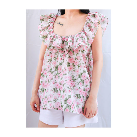 SAMPLE SALE Liberty London women summer blouse ruffle collar sleeveless floral print cotton silky tana lawn