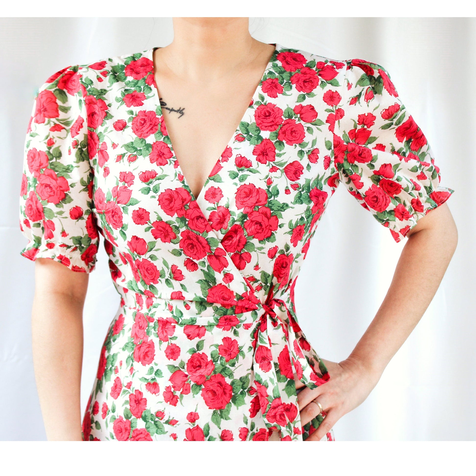 SAMPLE SALE Liberty London women wrap midi dress short puffy sleeves floral print cotton silky tana lawn