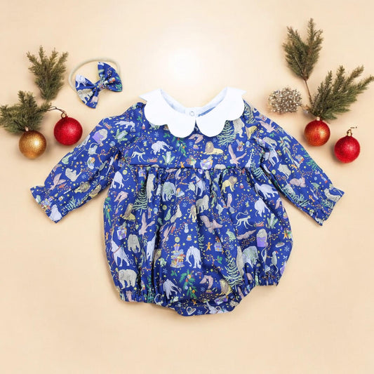 CHRISTMAS Baby Bubble Romper - Liberty of London Baby Playsuit - Long Sleeves baby Romper - Christmas gift - Peter Pan Collar Baby Playsuit