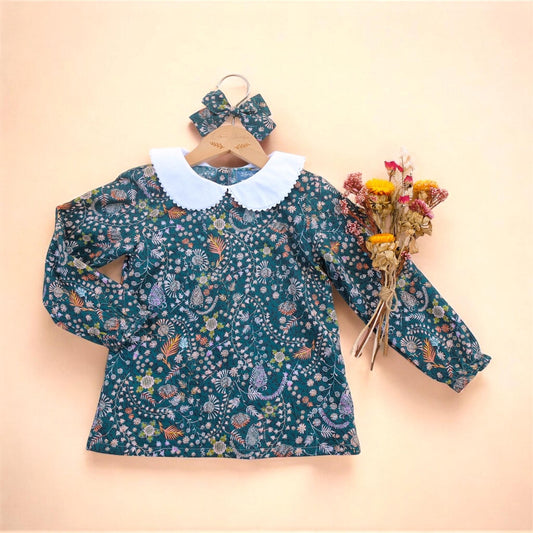 Peter Pan Collar Little Girl Blouse - Liberty Of London Floral Print Fabric - Long Sleeves Girl Blouse - Botanical Ditsy Flower Baby Blouse