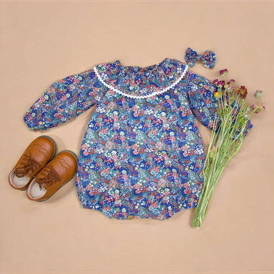 Liberty of London Baby Bubble Playsuit with Long Sleeves and Ruffle Collar