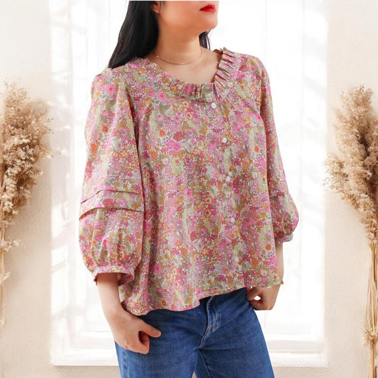 Liberty of London Ruffle Collar Blouse - 3/4 Sleeves - Oversize Liberty Blouse - Ditsy Floral Print Liberty Blouse - Loose Fit Blouse