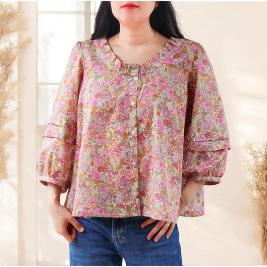 Liberty of London Ruffle Collar Blouse - 3/4 Sleeves - Oversize Liberty Blouse - Ditsy Floral Print Liberty Blouse - Loose Fit Blouse