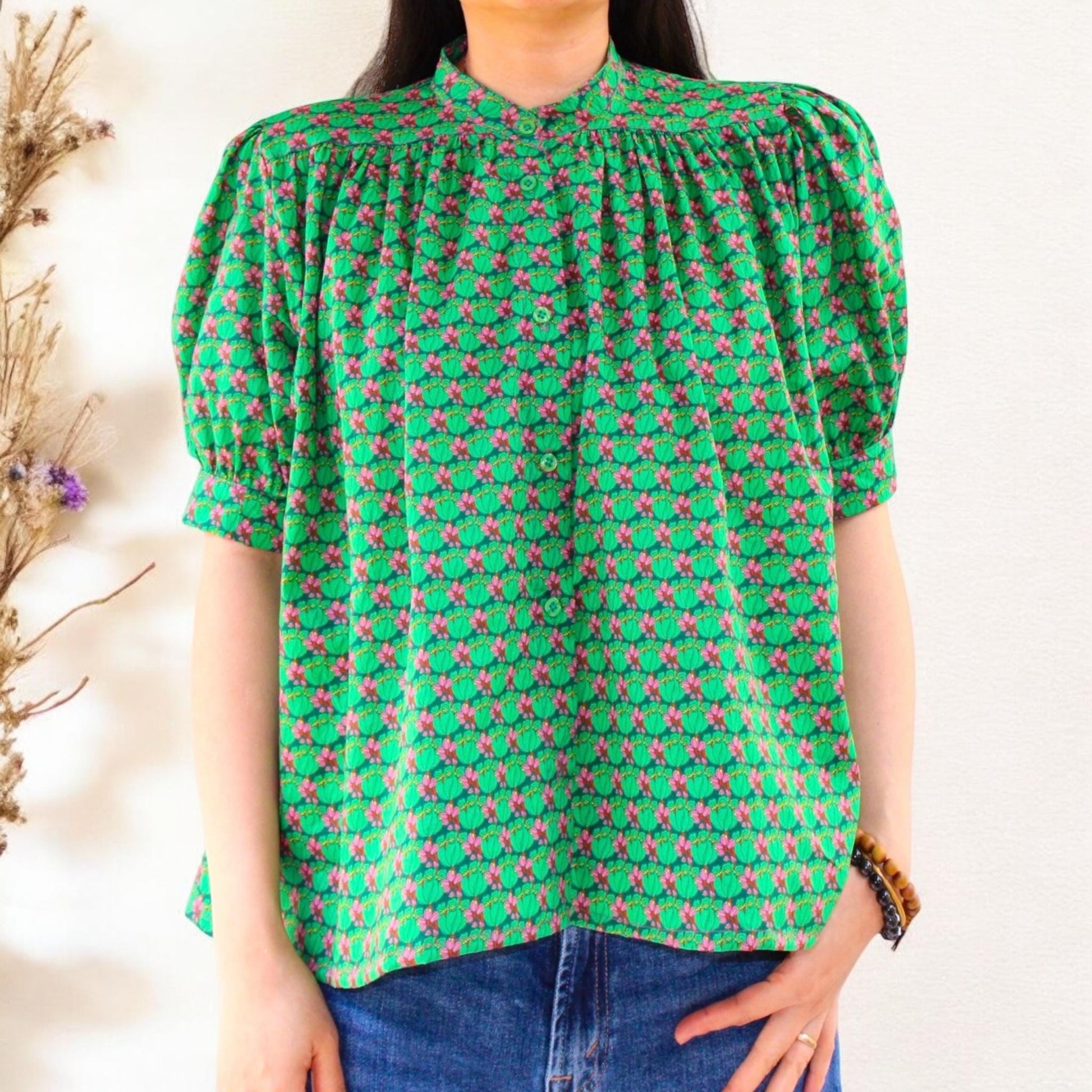 Liberty of London Blouse - Mandarin Collar Blouse - Half Sleeve Blouse - Ditsy Floral Print Blouse - Gathered Ruffle Blouse - Button Through