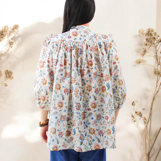 Liberty of London Blouse - Mandarin Collar Blouse - 3/4 Sleeve Blouse - Ditsy Floral Print Blouse - Gathered Ruffle Blouse - Button Through