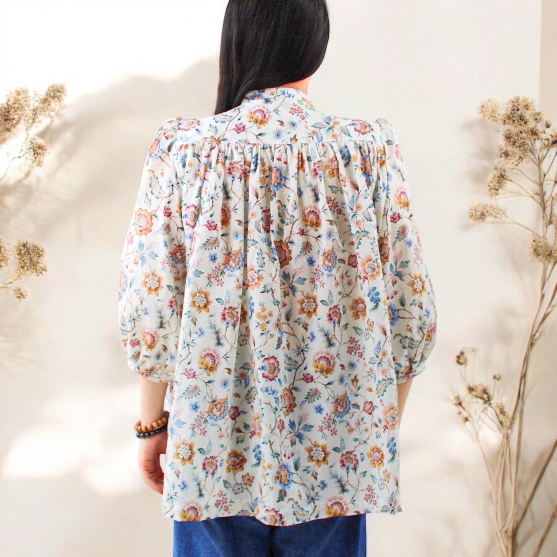 Liberty of London Blouse - Mandarin Collar Blouse - 3/4 Sleeve Blouse - Ditsy Floral Print Blouse - Gathered Ruffle Blouse - Button Through