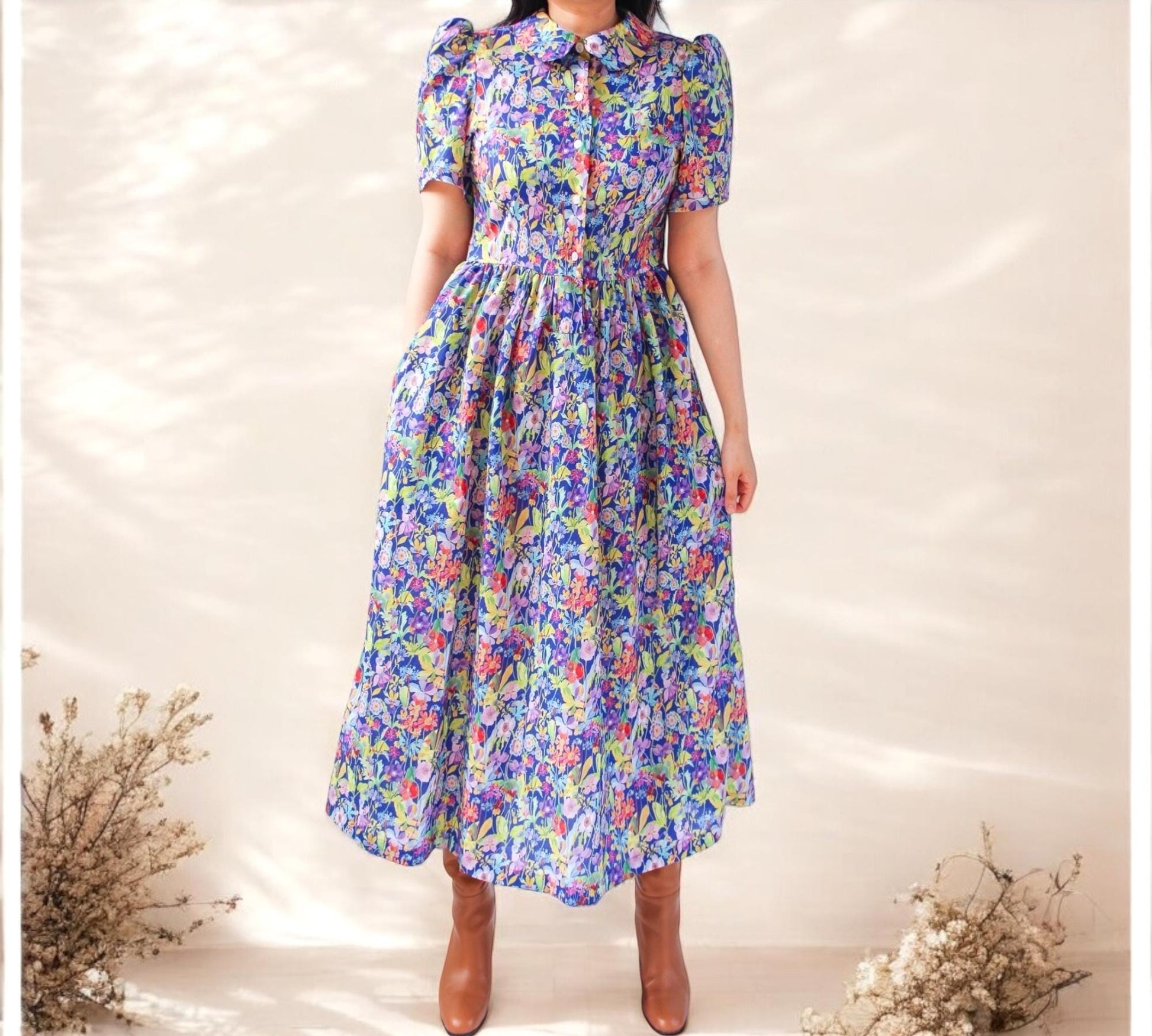 Liberty of London Women Maxi dress with Peter Pan collar and short sleeves
