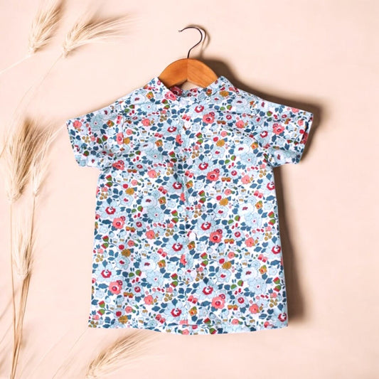 Liberty London boy shirt, Mandarin Collar Shirt, Floral Print Shirt, Liberty Fabric Shirt, Short Sleeve Shirt, Button Up Shirt, Boy Shirt