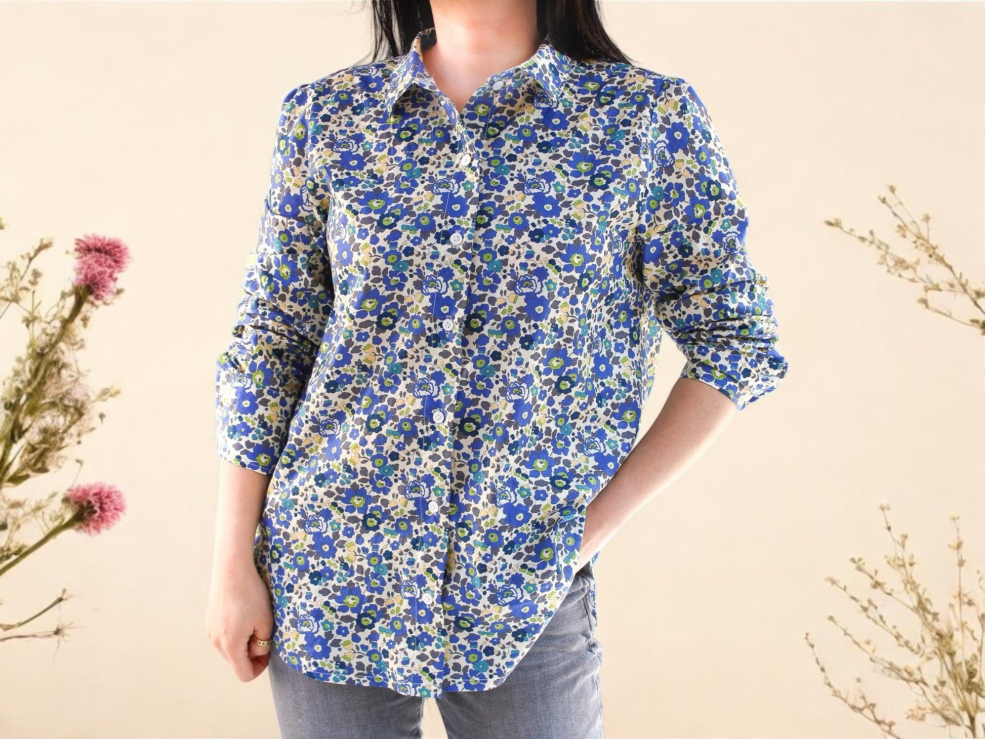 Liberty of London Woman Shirt - Woman Classic Long Sleeve Shirt - Liberty London Floral Print Fabric - Button Through Woman Liberty Blouse