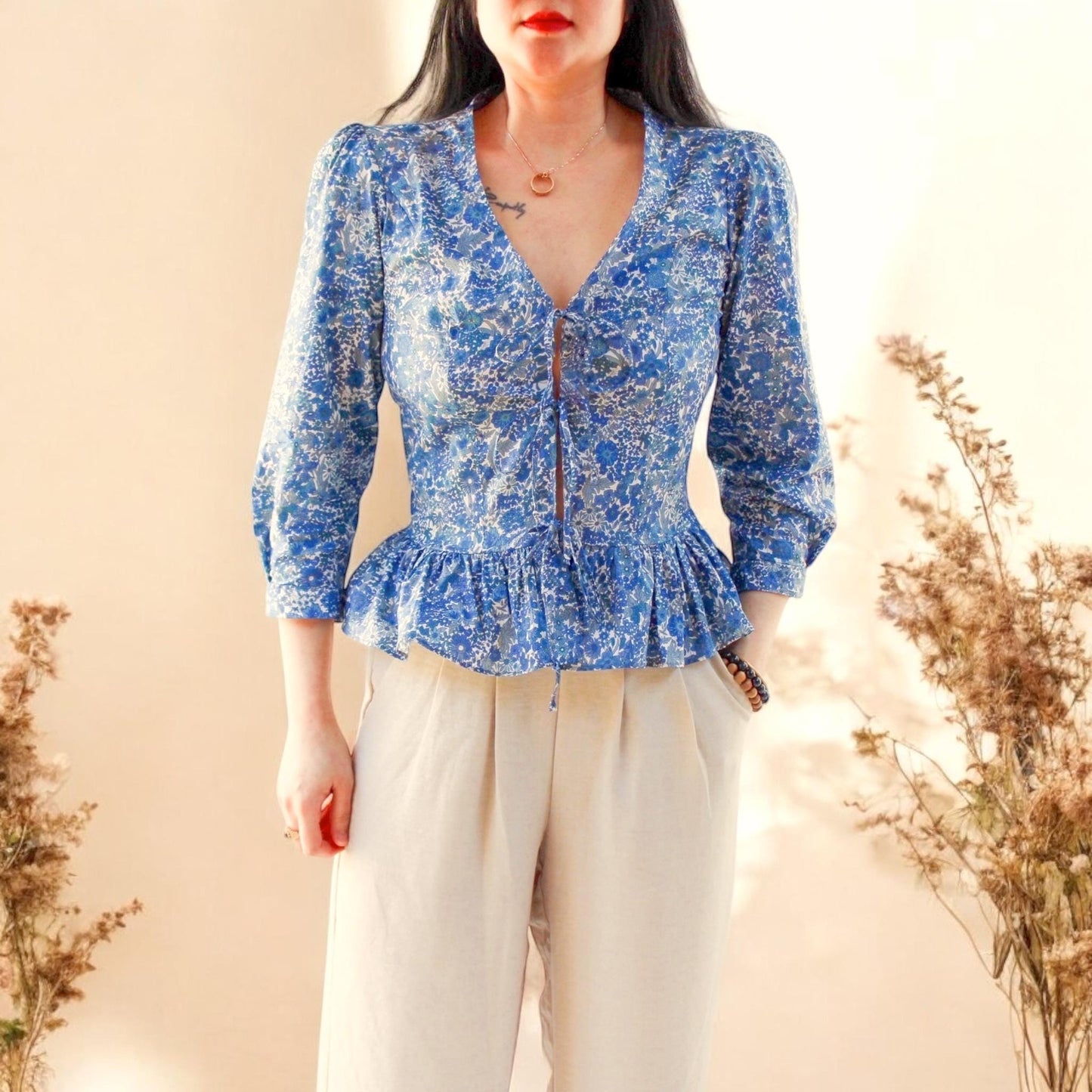Liberty Print Blouse, Liberty of London, V Neck Blouse, Peplum Blouse, Floral Print Blouse, Liberty Print Fabric, 3/4 Sleeve Top, V Neck Top