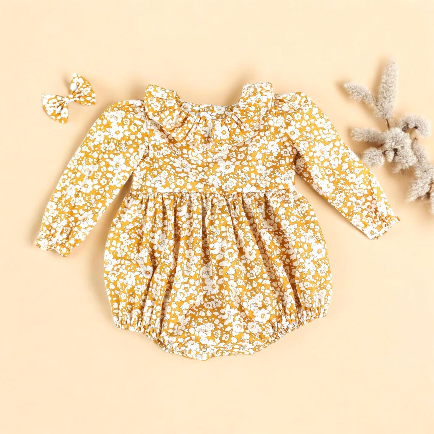 Long Sleeves Liberty London Fabric Bubble Baby Playsuit: Ditsy Floral Print, Ruffle Pierrot Collar