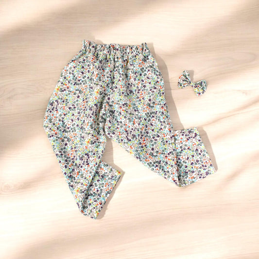 Ruffle Waist Cotton Kid Pants - Liberty of London Floral Print trousers - Children Pants with Pockets - Baby Girl Cotton Tana Lawn Pants