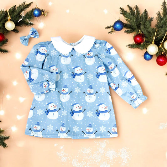 CHRISTMAS girl Blouse - Peter Pan Collar Blouse - Long Sleeves Girl Blouse - Christmas gift baby - Snowman Fabric Blouse - Liberty of London