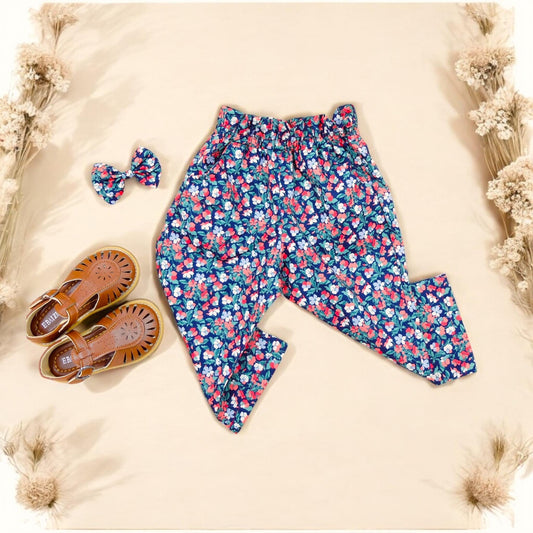 Ruffle Waist Cotton Kid Pants - Liberty of London Floral Print trousers - Children Pants with Pockets - Baby Girl Cotton Tana Lawn Pants