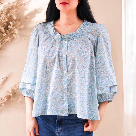 Liberty of London Ruffle Collar Blouse - 3/4 Sleeves - Oversize Liberty Blouse - Ditsy Floral Print Liberty Blouse - Loose Fit Blouse
