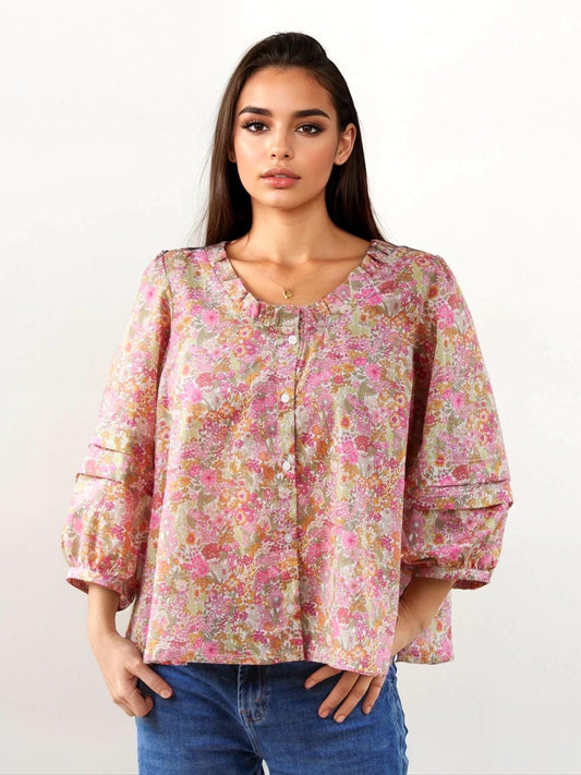 Liberty Blouse, Ruffle Collar Blouse, 3/4 Sleeve Blouse, Liberty Print Fabric, Ditsy Floral Print, Loose Fit Blouse, Button Through Blouse
