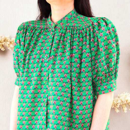 Liberty of London Blouse - Mandarin Collar Blouse - Half Sleeve Blouse - Ditsy Floral Print Blouse - Gathered Ruffle Blouse - Button Through