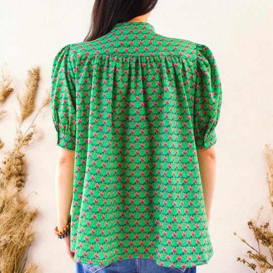 Liberty of London Blouse - Mandarin Collar Blouse - Half Sleeve Blouse - Ditsy Floral Print Blouse - Gathered Ruffle Blouse - Button Through