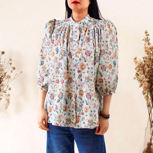 Liberty of London Blouse - Mandarin Collar Blouse - 3/4 Sleeve Blouse - Ditsy Floral Print Blouse - Gathered Ruffle Blouse - Button Through