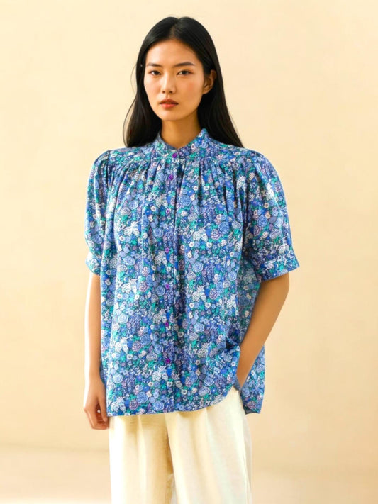 Liberty London Blouse, Mandarin Collar Blouse, Half Sleeve Blouse, Liberty Print Shirt, Ditsy Floral Blouse, Button Through, Stand Collar