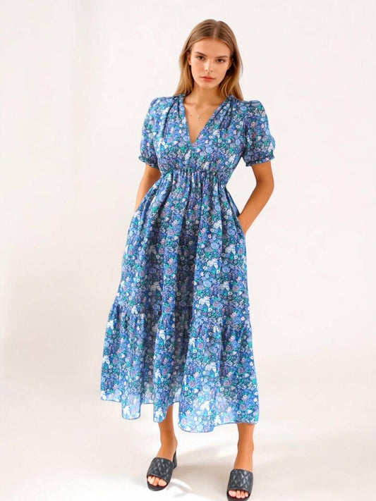 LIBERTY of London V-neck Midi Dress With Short Puffy Sleeves - Ditsy Floral Woman Sun Dress